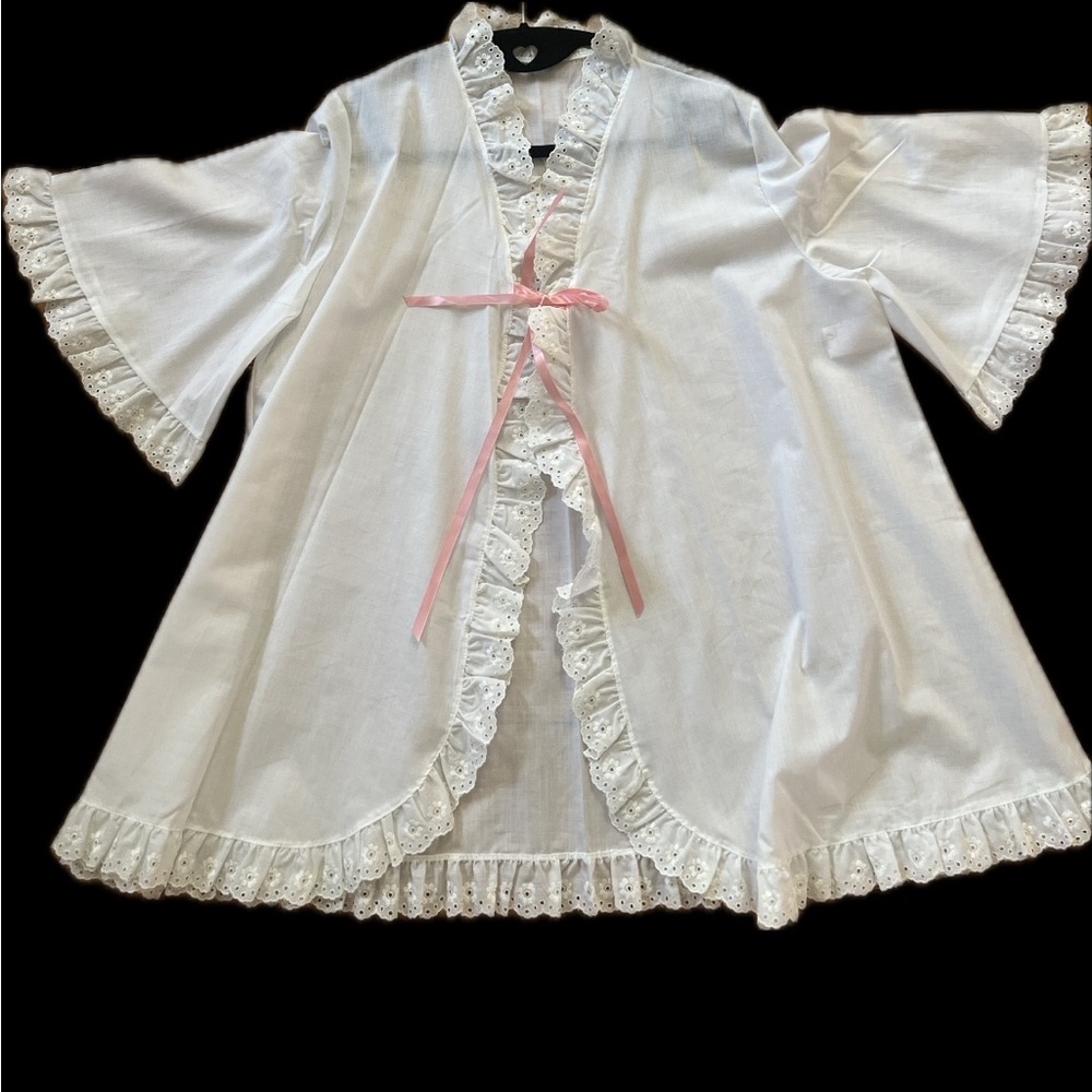 Vtg 70s Sears eyelet embroidery Angel sleeves cotton poly cover up/ jacket sz sm
